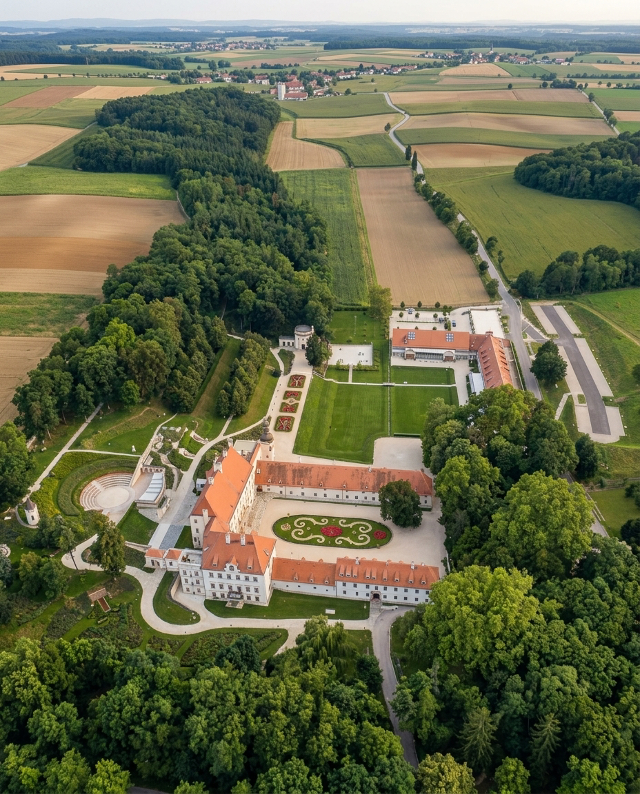 Schloss Thalheim — Luftaufnahme des U-förmigen Barockschlosses mit Gartenanlagen, Niederösterreich